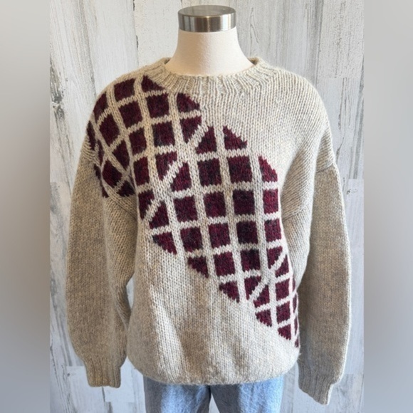 Vintage Hand-Knit Wool Mohair Geometric Burgundy natural fibers large - Picture 8 of 8